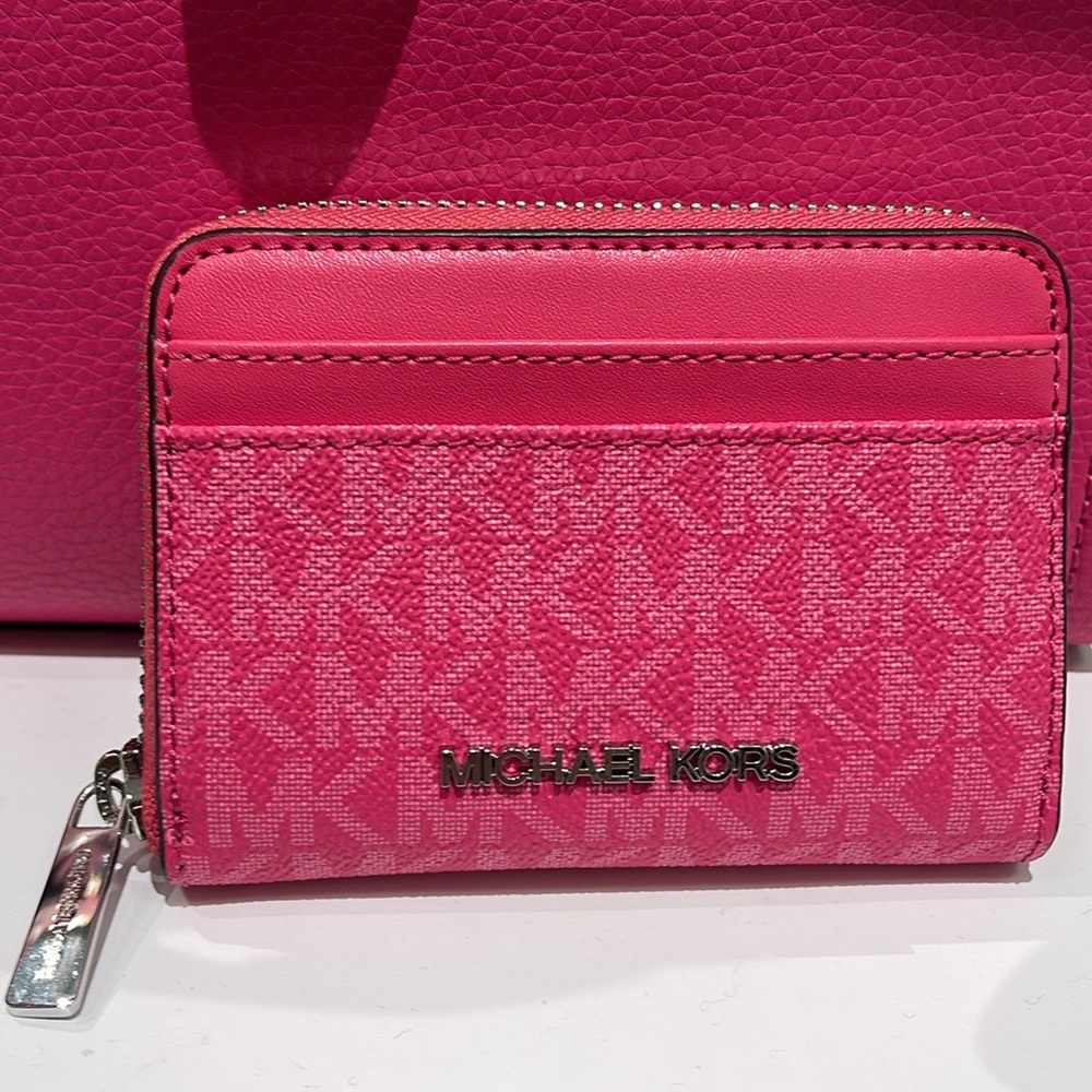 Michael Kors Women Md Logo Zip Around Card Case Coin Pouch Wallet Dragonfruit